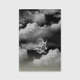 Обложка для паспорта матовая кожа с принтом Cloudy Night в Новосибирске, натуральная матовая кожа | размер 19,3 х 13,7 см; прозрачные пластиковые крепления | clouds | moon | night | northern lights | ravens | stars | вороны | звезды | луна | ночное небо | облака | птицы | тучи