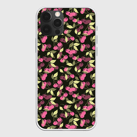 Чехол для iPhone 12 Pro с принтом Вишневый узор  в Новосибирске, силикон | область печати: задняя сторона чехла, без боковых панелей | вишня | детский | еда | лето | природа | розовый и черный | сад | ягодный узор | ягоды | ягоды вишни