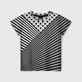 Детская футболка 3D с принтом Полосатый комбинированный узор в Новосибирске, 100% гипоаллергенный полиэфир | прямой крой, круглый вырез горловины, длина до линии бедер, чуть спущенное плечо, ткань немного тянется | звезды | комбинированный | молодежный | монохромный | полосатый | серый и черный | современный | черно белый