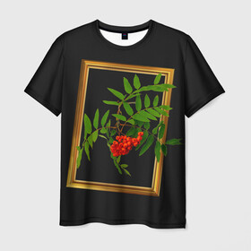 Мужская футболка 3D с принтом ягоды рябины в золотой раме в Новосибирске, 100% полиэфир | прямой крой, круглый вырез горловины, длина до линии бедер | 3 сентября | костры рябин | осень | рябина | черный фон | ягоды