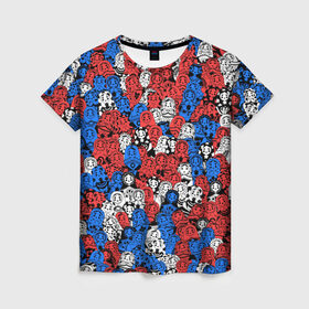 Женская футболка 3D с принтом Бело-сине-красные матрёшки в Новосибирске, 100% полиэфир ( синтетическое хлопкоподобное полотно) | прямой крой, круглый вырез горловины, длина до линии бедер | matryoshka | матрешка | паттерн | россия | русский | славянский | триколор | узор | флаг