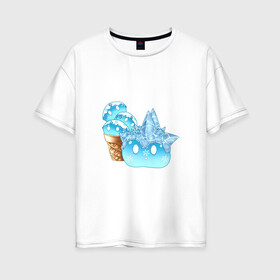 Женская футболка хлопок Oversize с принтом Мороженко-слайм в Новосибирске, 100% хлопок | свободный крой, круглый ворот, спущенный рукав, длина до линии бедер
 | арт | вафельный стаканчик | крио | лёд | мороженное | рисунок | слайм | слаймы