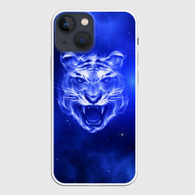 Чехол для iPhone 13 mini с принтом Космический тигр в Новосибирске,  |  | cat | neon | new year | tiger | восточный гороскоп | год тигра | голова | день рождения | дикие животные | зверь | злой кот | злой тигр | кот | кошак | кошка | неоновый | новый год | огненный | оскал | подарок