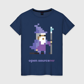Женская футболка хлопок с принтом open sourserer в Новосибирске, 100% хлопок | прямой крой, круглый вырез горловины, длина до линии бедер, слегка спущенное плечо | coding | open source | programming | волшебник | кодинг | програмирование | программирование
