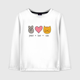 Детский лонгслив хлопок с принтом PEACE LOVE CATS (Z) в Новосибирске, 100% хлопок | круглый вырез горловины, полуприлегающий силуэт, длина до линии бедер | cat | cats | love | lovers | peace | кот | коты | любить | любовь | мир | хипи | хиппи