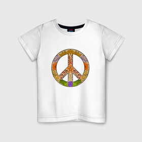 Детская футболка хлопок с принтом PEACE | FLOWERS (Z) в Новосибирске, 100% хлопок | круглый вырез горловины, полуприлегающий силуэт, длина до линии бедер | bloom | blossom | floret | flowers | hippies | peace | знак | любовь | мир | символ | хиппи | цветы