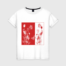 Женская футболка хлопок с принтом Цветы в фоне в Новосибирске, 100% хлопок | прямой крой, круглый вырез горловины, длина до линии бедер, слегка спущенное плечо | бабочки | букет | красно белый | стиль | цветы