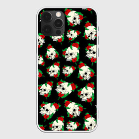 Чехол для iPhone 12 Pro с принтом Черепа и розы / Skull and Roses в Новосибирске, силикон | область печати: задняя сторона чехла, без боковых панелей | Тематика изображения на принте: death | gothic | halloween | horror | roses | skeleton | skillet | skull | готика | готические | жуткий | кости | красные розы | листья | скелет | хеллоуин | хоррор | хэллоуин | цветы | череп | черепа в розах | черепа и розы | черепа с