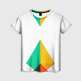 Женская футболка 3D с принтом Треугольники в Новосибирске, 100% полиэфир ( синтетическое хлопкоподобное полотно) | прямой крой, круглый вырез горловины, длина до линии бедер | геометрия | минимализм | пирамида | треугольники | цвета