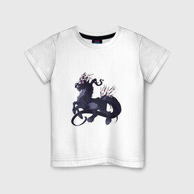 Детская футболка хлопок с принтом Зверь весны в Новосибирске, 100% хлопок | круглый вырез горловины, полуприлегающий силуэт, длина до линии бедер | арт | весна | конь | лошадь | рисунок | розовые цветы | розовый цветок | сакура | фантастический зверь | фантастическое животное | цветок | цветок сакуры | цветы | цветы сакуры | черная лошадь