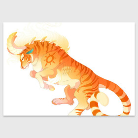 Поздравительная открытка с принтом Тигр солнца в Новосибирске, 100% бумага | плотность бумаги 280 г/м2, матовая, на обратной стороне линовка и место для марки
 | арт | большая кошка | рисунок | рога | солнце | тигр | фантастический зверь | фантастическое животное