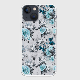 Чехол для iPhone 13 mini с принтом Синие розы в Новосибирске,  |  | букет | винтаж | для девочек | для девушек | паттерн | розы | цветочный фон | цветы