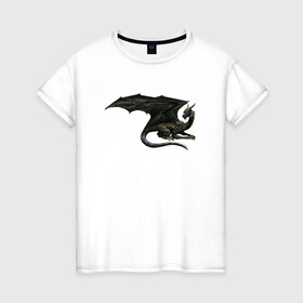 Женская футболка хлопок с принтом Черный дракон  в Новосибирске, 100% хлопок | прямой крой, круглый вырез горловины, длина до линии бедер, слегка спущенное плечо | dragon | дракон | дракониха | крылья | черный