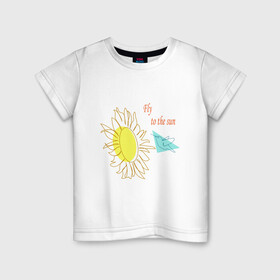Детская футболка хлопок с принтом Полет в Новосибирске, 100% хлопок | круглый вырез горловины, полуприлегающий силуэт, длина до линии бедер | art line | bird | blue | color spots | flight | flower | fly | lines | summer | sun | sunflower | yellow | арт лайн | желтый | лети | лето | линии | подсолнух | полет | птица | солнце | цветные пятна | цветок
