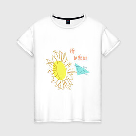 Женская футболка хлопок с принтом Полет в Новосибирске, 100% хлопок | прямой крой, круглый вырез горловины, длина до линии бедер, слегка спущенное плечо | art line | bird | blue | color spots | flight | flower | fly | lines | summer | sun | sunflower | yellow | арт лайн | желтый | лети | лето | линии | подсолнух | полет | птица | солнце | цветные пятна | цветок