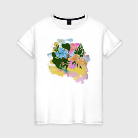 Женская футболка хлопок с принтом Цветы акварель в Новосибирске, 100% хлопок | прямой крой, круглый вырез горловины, длина до линии бедер, слегка спущенное плечо | flowers | watercolors | акварель | краски | лилия | цветы