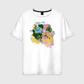 Женская футболка хлопок Oversize с принтом Цветы акварель в Новосибирске, 100% хлопок | свободный крой, круглый ворот, спущенный рукав, длина до линии бедер
 | flowers | watercolors | акварель | краски | лилия | цветы