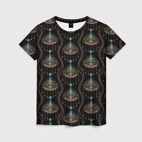 Женская футболка 3D с принтом Трехцветный арт деко  в Новосибирске, 100% полиэфир ( синтетическое хлопкоподобное полотно) | прямой крой, круглый вырез горловины, длина до линии бедер | абстрактный | арт | арт деко | геометрические фигуры | креативный | модный | молодежный | современный | украшение | черный фон