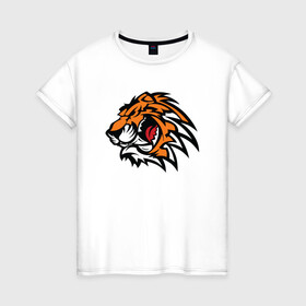 Женская футболка хлопок с принтом Злой Тигр в Новосибирске, 100% хлопок | прямой крой, круглый вырез горловины, длина до линии бедер, слегка спущенное плечо | 2022 | animal | cat | lion | tiger | год тигра | животные | зубы | кот | кошка | лев | охотник | полосатый | природа | тигр | тигренок | тигрица | хищник