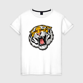 Женская футболка хлопок с принтом Tiger в Новосибирске, 100% хлопок | прямой крой, круглый вырез горловины, длина до линии бедер, слегка спущенное плечо | 2022 | animal | cat | lion | tiger | год тигра | животные | зубы | кот | кошка | лев | охотник | полосатый | природа | тигр | тигренок | тигрица | хищник