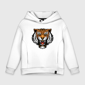 Детское худи Oversize хлопок с принтом Angry Tiger в Новосибирске, френч-терри — 70% хлопок, 30% полиэстер. Мягкий теплый начес внутри —100% хлопок | боковые карманы, эластичные манжеты и нижняя кромка, капюшон на магнитной кнопке | Тематика изображения на принте: 2022 | animal | cat | lion | tiger | год тигра | животные | зубы | кот | кошка | лев | охотник | полосатый | природа | тигр | тигренок | тигрица | хищник