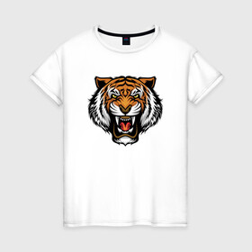 Женская футболка хлопок с принтом Angry Tiger в Новосибирске, 100% хлопок | прямой крой, круглый вырез горловины, длина до линии бедер, слегка спущенное плечо | 2022 | animal | cat | lion | tiger | год тигра | животные | зубы | кот | кошка | лев | охотник | полосатый | природа | тигр | тигренок | тигрица | хищник