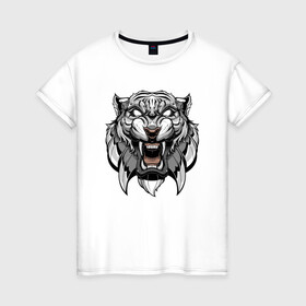 Женская футболка хлопок с принтом Серый Тигр в Новосибирске, 100% хлопок | прямой крой, круглый вырез горловины, длина до линии бедер, слегка спущенное плечо | 2022 | animal | cat | lion | tiger | год тигра | животные | зубы | кот | кошка | лев | охотник | полосатый | природа | тигр | тигренок | тигрица | хищник