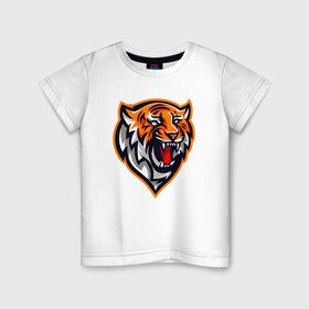 Детская футболка хлопок с принтом Tiger Scream в Новосибирске, 100% хлопок | круглый вырез горловины, полуприлегающий силуэт, длина до линии бедер | 2022 | animal | cat | lion | tiger | год тигра | животные | зубы | кот | кошка | лев | охотник | полосатый | природа | тигр | тигренок | тигрица | хищник