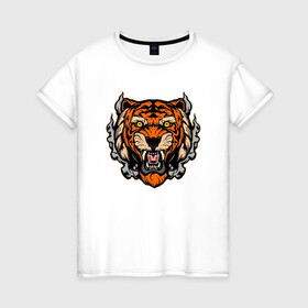 Женская футболка хлопок с принтом Smoke Tiger в Новосибирске, 100% хлопок | прямой крой, круглый вырез горловины, длина до линии бедер, слегка спущенное плечо | 2022 | animal | cat | lion | tiger | год тигра | животные | зубы | кот | кошка | лев | охотник | полосатый | природа | тигр | тигренок | тигрица | хищник