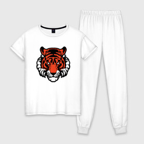 Женская пижама хлопок с принтом Мой Тигр в Новосибирске, 100% хлопок | брюки и футболка прямого кроя, без карманов, на брюках мягкая резинка на поясе и по низу штанин | Тематика изображения на принте: 2022 | animal | cat | lion | tiger | год тигра | животные | зубы | кот | кошка | лев | охотник | полосатый | природа | тигр | тигренок | тигрица | хищник