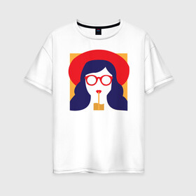 Женская футболка хлопок Oversize с принтом Девушка с коктейлем в Новосибирске, 100% хлопок | свободный крой, круглый ворот, спущенный рукав, длина до линии бедер
 | брюнетка | девушка | очки | пин арт | стакан | шляпа
