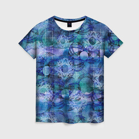 Женская футболка 3D с принтом Абстракция - акварельный узор в Новосибирске, 100% полиэфир ( синтетическое хлопкоподобное полотно) | прямой крой, круглый вырез горловины, длина до линии бедер | абстрактный | абстракция | акварель | акварельный | геометрический | геометрия | круги | кружки | синева | узор | узорный | узоры