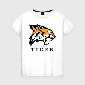 Женская футболка хлопок с принтом Тигр - Tiger в Новосибирске, 100% хлопок | прямой крой, круглый вырез горловины, длина до линии бедер, слегка спущенное плечо | 2022 | animal | cat | lion | tiger | год тигра | животные | зверь | зубы | кот | кошка | лев | охотник | полосатый | природа | тигр | тигренок | тигрица | хищник