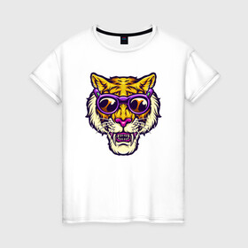 Женская футболка хлопок с принтом Тигр в очках в Новосибирске, 100% хлопок | прямой крой, круглый вырез горловины, длина до линии бедер, слегка спущенное плечо | 2022 | animal | cat | lion | tiger | год тигра | животные | зверь | зубы | кот | кошка | лев | охотник | очки | полосатый | природа | тигр | тигренок | тигрица | хипстер | хищник