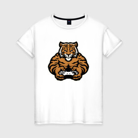 Женская футболка хлопок с принтом Тигр Геймер в Новосибирске, 100% хлопок | прямой крой, круглый вырез горловины, длина до линии бедер, слегка спущенное плечо | 2022 | animal | cat | gamer | lion | tiger | год тигра | джойстик | животные | зверь | зубы | игра | кот | кошка | лев | охотник | полосатый | природа | приставка | тигр | тигренок | тигрица | хищник