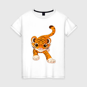 Женская футболка хлопок с принтом Милый Тигренок в Новосибирске, 100% хлопок | прямой крой, круглый вырез горловины, длина до линии бедер, слегка спущенное плечо | 2022 | animal | cat | lion | tiger | год тигра | животные | зверь | зубы | кот | кошка | лев | охотник | полосатый | природа | тигр | тигренок | тигрица | хищник