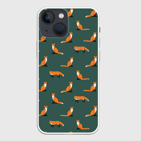 Чехол для iPhone 13 mini с принтом Лисы паттерн в Новосибирске,  |  | животные | звери | зеленый цвет | лесные животные | лиса | лисы | оранжевый | паттерн | рыжий