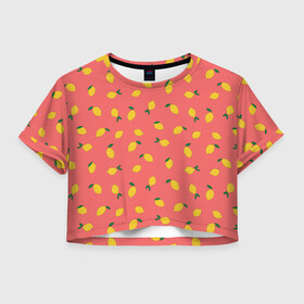 Женская футболка Crop-top 3D с принтом Лимоны на кораловом в Новосибирске, 100% полиэстер | круглая горловина, длина футболки до линии талии, рукава с отворотами | еда | кораловый цвет | лимонный | лимоны | минималистичный | оранжевый | паттерн | упорядоченный паттерн | цитрусовые