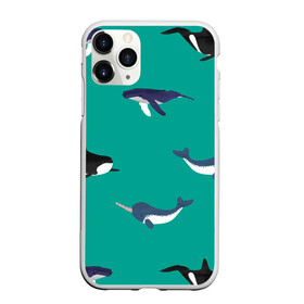 Чехол для iPhone 11 Pro Max матовый с принтом Нарвал, киты, касатка паттерн в Новосибирске, Силикон |  | изумрудно зеленый цвет | касатки | киты | морская фауна | морские животные | морские жители | нарвал | океан | паттерн