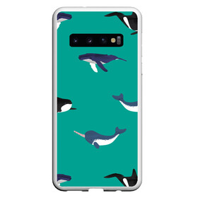 Чехол для Samsung Galaxy S10 с принтом Нарвал, киты, касатка паттерн в Новосибирске, Силикон | Область печати: задняя сторона чехла, без боковых панелей | изумрудно зеленый цвет | касатки | киты | морская фауна | морские животные | морские жители | нарвал | океан | паттерн
