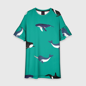 Детское платье 3D с принтом Нарвал, киты, касатка паттерн в Новосибирске, 100% полиэстер | прямой силуэт, чуть расширенный к низу. Круглая горловина, на рукавах — воланы | изумрудно зеленый цвет | касатки | киты | морская фауна | морские животные | морские жители | нарвал | океан | паттерн
