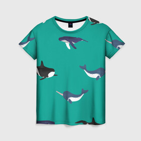 Женская футболка 3D с принтом Нарвал, киты, касатка паттерн в Новосибирске, 100% полиэфир ( синтетическое хлопкоподобное полотно) | прямой крой, круглый вырез горловины, длина до линии бедер | изумрудно зеленый цвет | касатки | киты | морская фауна | морские животные | морские жители | нарвал | океан | паттерн