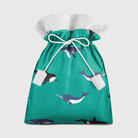 Подарочный 3D мешок с принтом Нарвал, киты, касатка паттерн в Новосибирске, 100% полиэстер | Размер: 29*39 см | изумрудно зеленый цвет | касатки | киты | морская фауна | морские животные | морские жители | нарвал | океан | паттерн