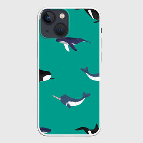 Чехол для iPhone 13 mini с принтом Нарвал, киты, касатка паттерн в Новосибирске,  |  | изумрудно зеленый цвет | касатки | киты | морская фауна | морские животные | морские жители | нарвал | океан | паттерн
