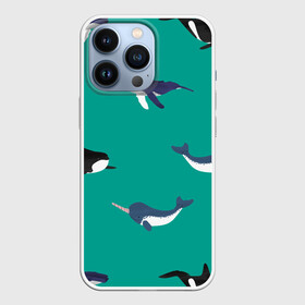 Чехол для iPhone 13 Pro с принтом Нарвал, киты, касатка паттерн в Новосибирске,  |  | изумрудно зеленый цвет | касатки | киты | морская фауна | морские животные | морские жители | нарвал | океан | паттерн