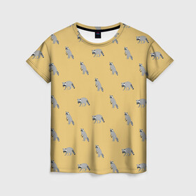 Женская футболка 3D с принтом Еноты паттерн в Новосибирске, 100% полиэфир ( синтетическое хлопкоподобное полотно) | прямой крой, круглый вырез горловины, длина до линии бедер | pattern | raccoons | еноты | забавные животные | звери | кремовый | охра | охристый | паттерн | песочный цвет | светло желтый