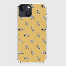 Чехол для iPhone 13 mini с принтом Еноты паттерн в Новосибирске,  |  | pattern | raccoons | еноты | забавные животные | звери | кремовый | охра | охристый | паттерн | песочный цвет | светло желтый