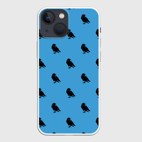 Чехол для iPhone 13 mini с принтом Вороны паттерн в Новосибирске,  |  | Тематика изображения на принте: вороны | городская птица | паттерн | птицы | силуэт | синий цвет | черный ворон