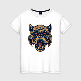 Женская футболка хлопок с принтом Devil Tiger в Новосибирске, 100% хлопок | прямой крой, круглый вырез горловины, длина до линии бедер, слегка спущенное плечо | 2022 | animal | cat | lion | tiger | год тигра | животные | зверь | зубы | кот | кошка | лев | охотник | полосатый | природа | тигр | тигренок | тигрица | хищник