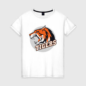Женская футболка хлопок с принтом Sport Tigers в Новосибирске, 100% хлопок | прямой крой, круглый вырез горловины, длина до линии бедер, слегка спущенное плечо | 2022 | animal | cat | lion | sport | tiger | год тигра | животные | зверь | зубы | кот | кошка | лев | охотник | полосатый | природа | спорт | тигр | тигренок | тигрица | хищник